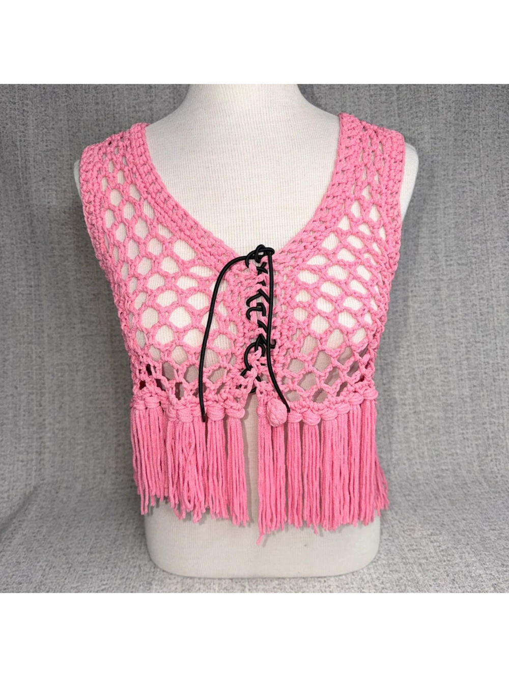 Pink Crochet Fringe Crop Vest Boho Coachella Festival Rave Hippie Y2K Top
